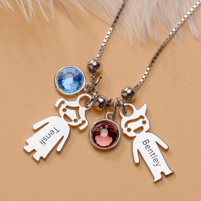 Silver Personalised 1-12 Kids Charms Pendants Names Engraved Necklace With Birthstone