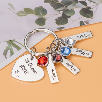 Personalised This Grandma Mum Grandpa Belongs to 1-15 Children Names with Birthstones Keychains