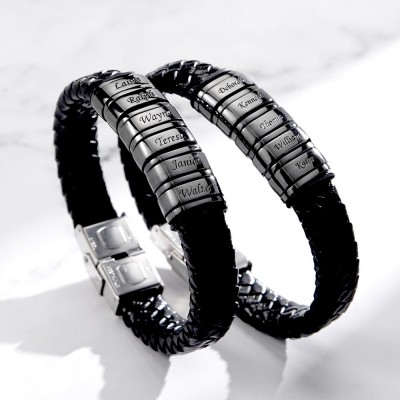 Personalized Mens Beads Braid Name Leather Bracelets With 1-10 Beads