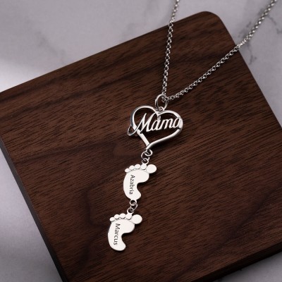 Silver Personalized Love MaMa Heart 1-10 Baby Feet Charms Name Necklace