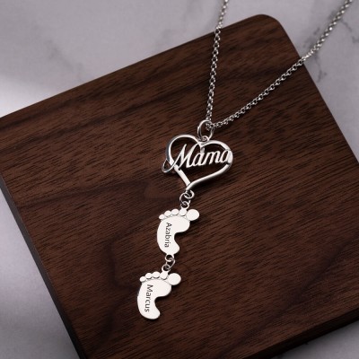 Silver Personalised Love MaMa Heart 1-10 Baby Feet Charms Name Necklace