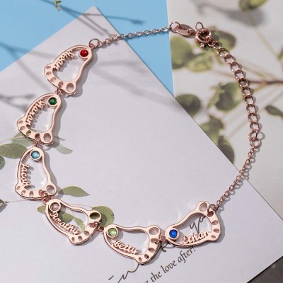 18K Rose Gold Plating Personalised 1-10 Baby Feet Name Bracelet With Birthstone