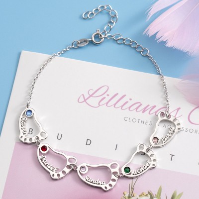 Silver Custom 1-10 Baby Feet Name Engraved Bracelet With Birthstone