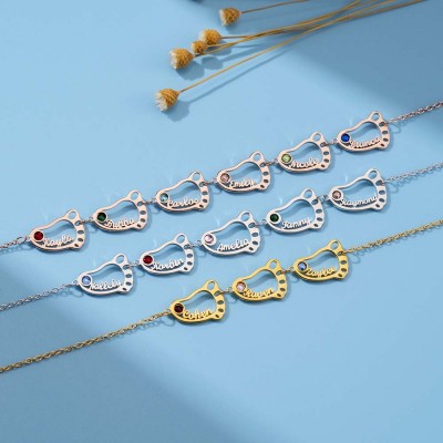 Personalised 1-8 Hollow Baby Feet Engravable Family Name Necklace With Birthstone