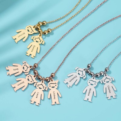 Silver Personalised Engraved Name Necklaces With 1-10 Children Kids Charms