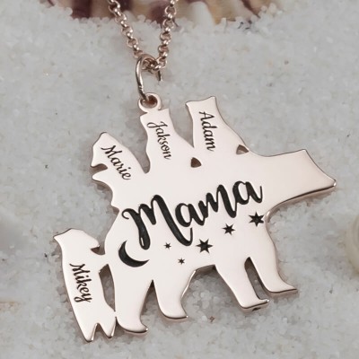 18K Rose Gold Plated Personalised Mama Bear Necklace 1-8 Names For Mother's Day Gift