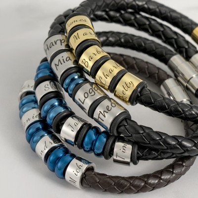 Custom Bead Braid Name Leather Bracelets With 1-10 Beads 