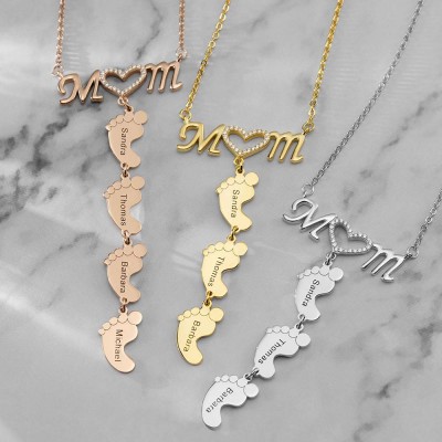 Silver Personalised MoM Heart 1-8 Baby Feet Charms Engraved Name Necklace