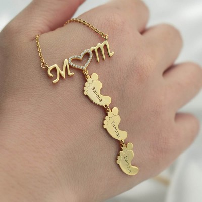 Personalised MoM Heart 1-8 Baby Feet Charms Engraved Name Necklace