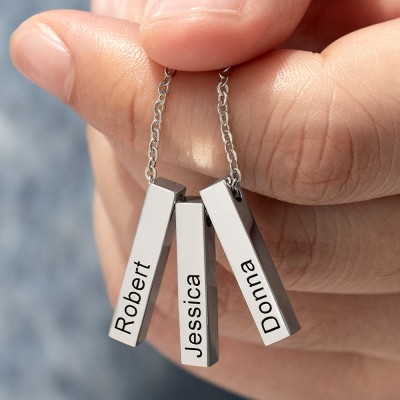 Silver Personalized Vertical Short 1-3 3D Engraved Bar Name Necklace