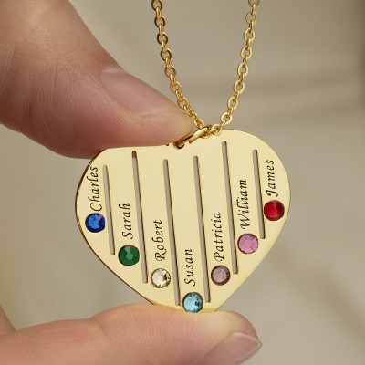Silver Personalised Family Engraved 1-7 Birthstones and Name Necklace
