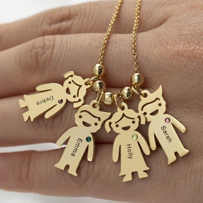 Personalised Family 1-10 Kids Charms Name Engraved Necklace With Birthstone