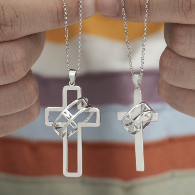 Personalised Couple Symbol of Faith Cross Necklace with Halo Name Engraved Ring Two Necklaces