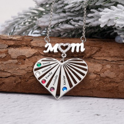 Custom Mum Heart Necklace With Kids Name and Birthstone For Mother's Day Christmas Birthday