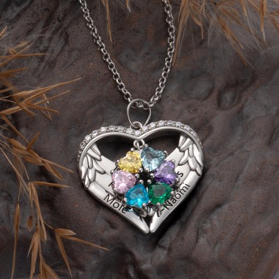 Custom 1-6 Names and Birthstone Angel Wings Heart Necklace