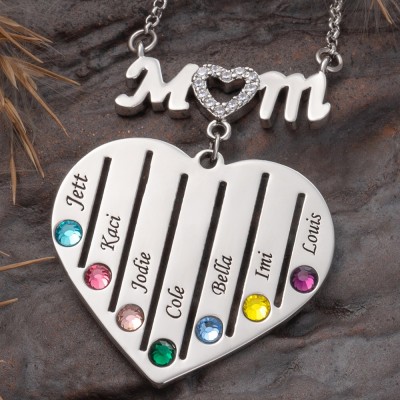 Custom Mum Heart Necklace With Kids Name and Birthstone For Mother's Day Christmas Birthday Gift Ideas