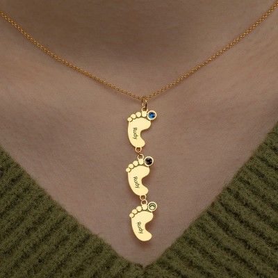 Vertical Baby Feet Charms Personalised 1-10 Names Necklace with Birthstones