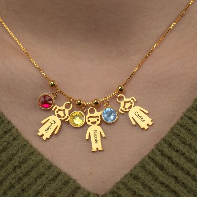 Personalised Birthstones Family Baby Kids Boy Girl Names Engraved Necklaces With 1-12 Pendants 