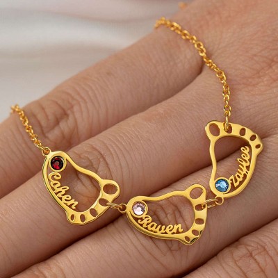 Personalised 1-8 Hollow Baby Feet Engravable Family Name Necklace With Birthstone