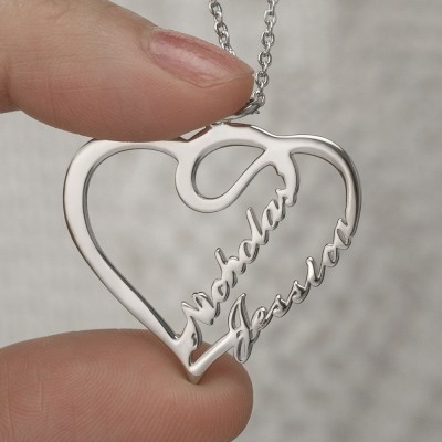 Silver Personalised Heart Couple Name Necklace