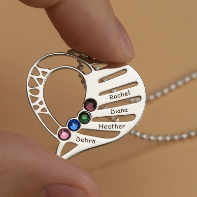 Personalised Heart Love Shape Engraved Name Necklaces with 1-6 Birthstones