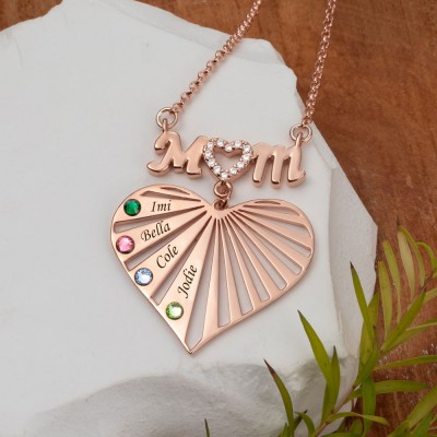 Custom Mum Heart Necklace With Kids Name and Birthstone For Mother's Day Christmas Birthday