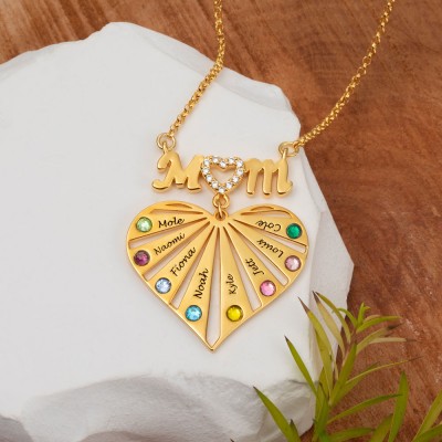 Custom Mum Heart Necklace With Kids Name and Birthstone For Mother's Day Christmas Birthday