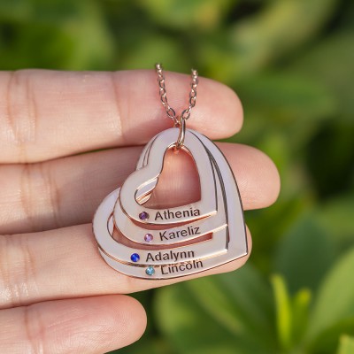 Personalised 1-6 Heart Name Necklace With Birthstone Family Christmas Gift