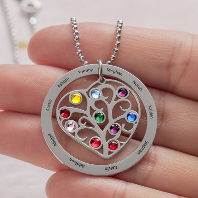 Personalised Family Heart Name Necklace With Birthstone Christmas Gift