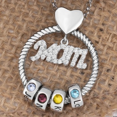 Personalised Circle Pendant Mum Necklace with Engraved Name and Birthstone Beads For Christmas Mother's Day