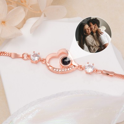 Custom Photo Projection Heart Charm Bracelet For Couple Soulmate Valentine's Day Gift Ideas