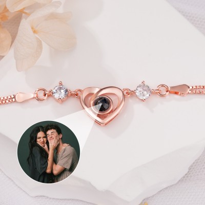 Custom Photo Projection Heart Charm Bracelet For Couple Soulmate Valentine's Day Gift Ideas