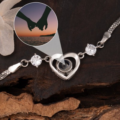 Custom Photo Projection Heart Charm Bracelet For Couple Soulmate Valentine's Day Gift Ideas