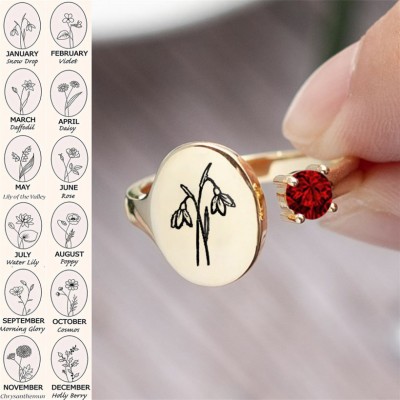 Personalized Birth Flower Ring With Birthstone January Snowdrop