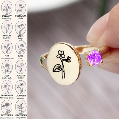 Personalized Birth Flower Ring With Birthstone February Violet