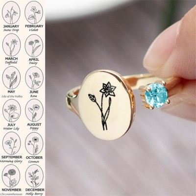Personalized Birth Flower Ring With Birthstone March Daffodil