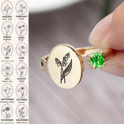 Personalized Birth Flower Ring With Birthstone May Lily of the valley