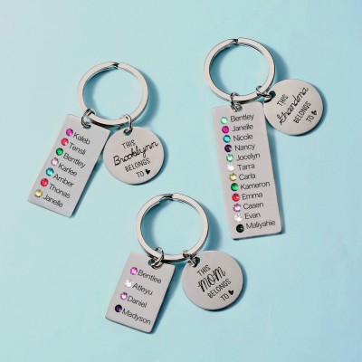 Personalised This Grandma Mum Grandpa Belongs to 1-5 Children Names with Birthstones Keychains