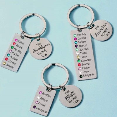 Personalized This Grandma Mom Grandpa Belongs to 1-8 Children Names with Birthstones Keychains