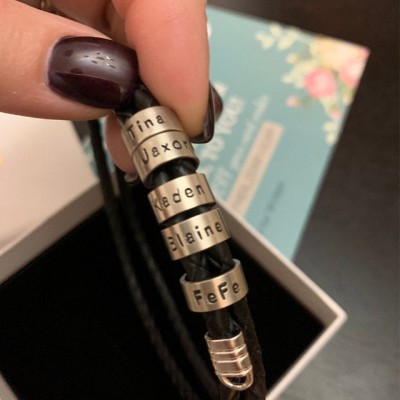Mens Personalised Braided Beads Engraved Name Leather Bracelets With 1-10 Beads