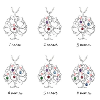 Personalised Tree-Design Family Tree Necklace With 1-7 Names And Birthstones