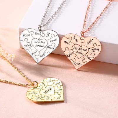 Silver Personalized Heart Puzzle 1-12 Names Necklace