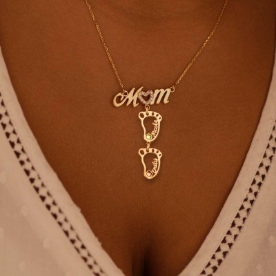 Silver Personalised 1-10 Hollow BabyFeet Name Mum Necklace With Birthstones