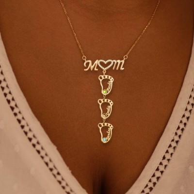 Personalised 1-10 Hollow BabyFeet Name Mum Necklace With Birthstones