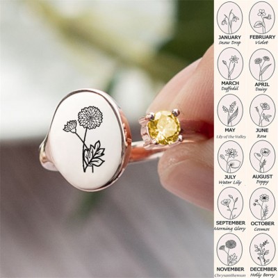 Personalized Birth Flower Ring With Birthstone November Chrysanthemum