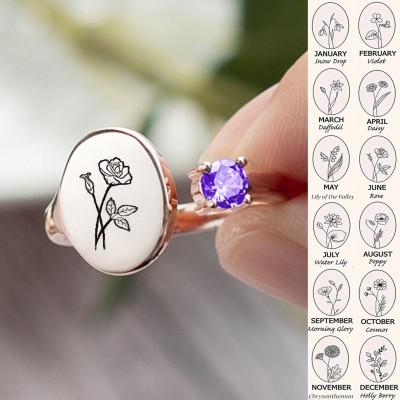 Personalized Birth Flower Ring With Birthstone June Rose