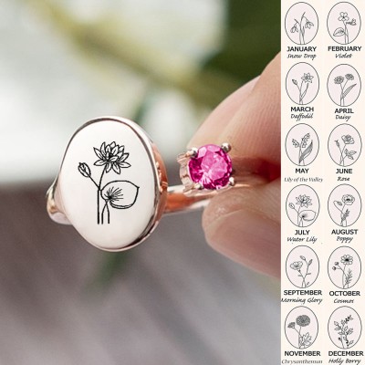 Personalised Birth Flower Ring With Birthstone July Water Lily