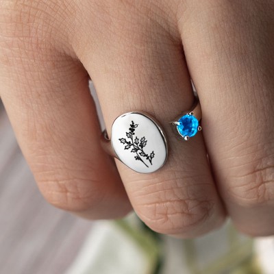 Personalized Birth Flower Ring With Birthstone December Holly